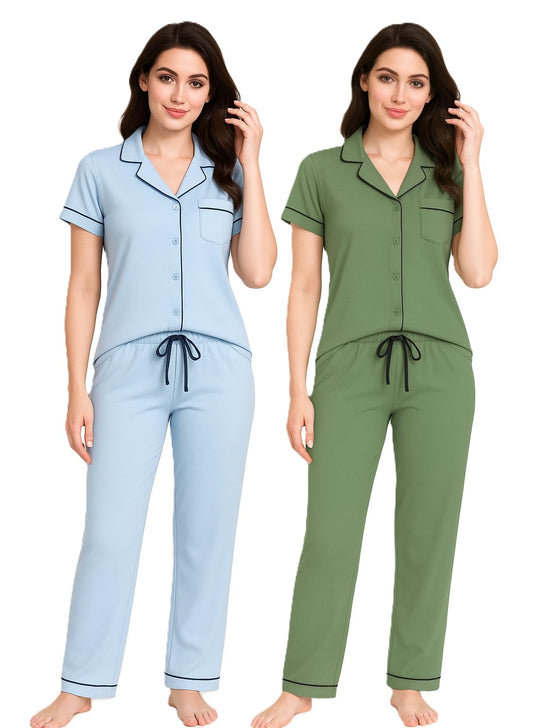 Just One Women's Pajama Short Sleeve Pant Set 2-Pack - Lightweight Soft PJ Sets for Women with Button-Front Top, Elastic Wasitband