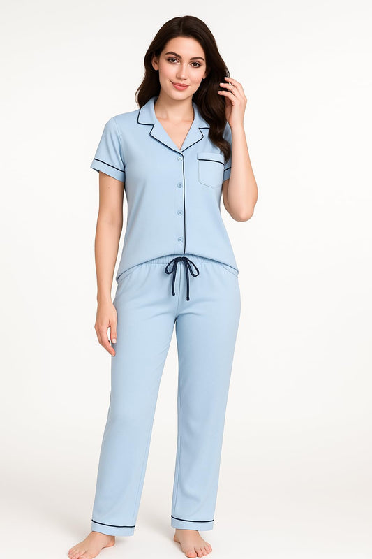 Just One Women's Pajama Short Sleeve Pant Set 2-Pack - Lightweight Soft PJ Sets for Women with Button-Front Top, Elastic Wasitband